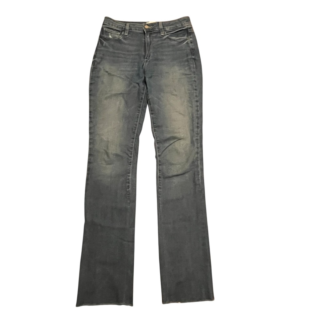 Paige High Rise‎ Bell Canyon Flare Jeans Blue Raw Hem Faded Stretch Denim